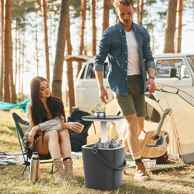 Outdoor Cooler Table, 4 Gallon, Portable, with Handle, Bottle Opener, Lift Top Lid, 3-in-1 Ice Cooler, Cocktail Patio Table for Camping, Picnic, Beach, Poolside (Black)