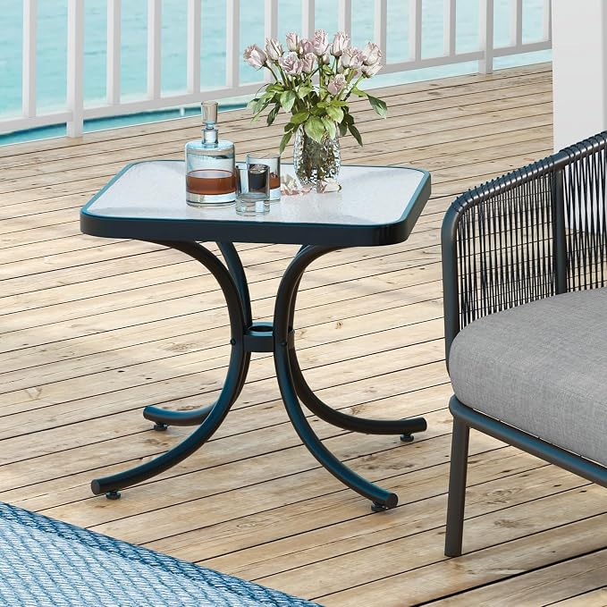 HAPPYGRILL Outdoor Side Table Square Patio End Table with Tempered Glass Top, 20" Bistro Table with Heavy-Duty Metal Frame, Indoor Small Compact Coffee Table for Garden Backyard Poolside
