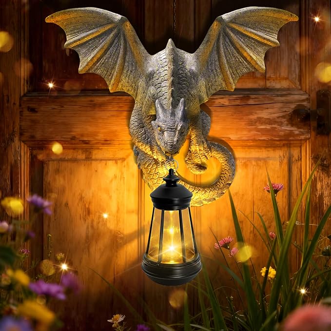 Dragon Tree Hugger Garden Statue - Resin Dragon Figurine Wall Hanger Sculptures Decor with Solar Lantern Lights, Outdoor Waterproof for Balcony Wall Porch Yard, Gifts for Mom Women Birthday