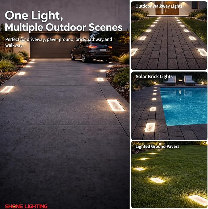 4x8 Solar Ground Lights, 3500K Paver Light, Warm White, 6Pack | Super Bright 100-LEDs, Outdoor Waterproof, Recessed Lighting Bricks, Driveway, Pathway, Walkway, Garden deck, Landscape