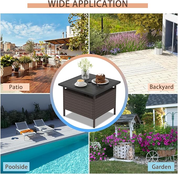 LUARANE Rattan Umbrella Side Table, Outdoor Wicker Stand Table with Umbrella Hole Steel, Suitable for Gardens, Balconies, Poolside (HDPE Tabletop)