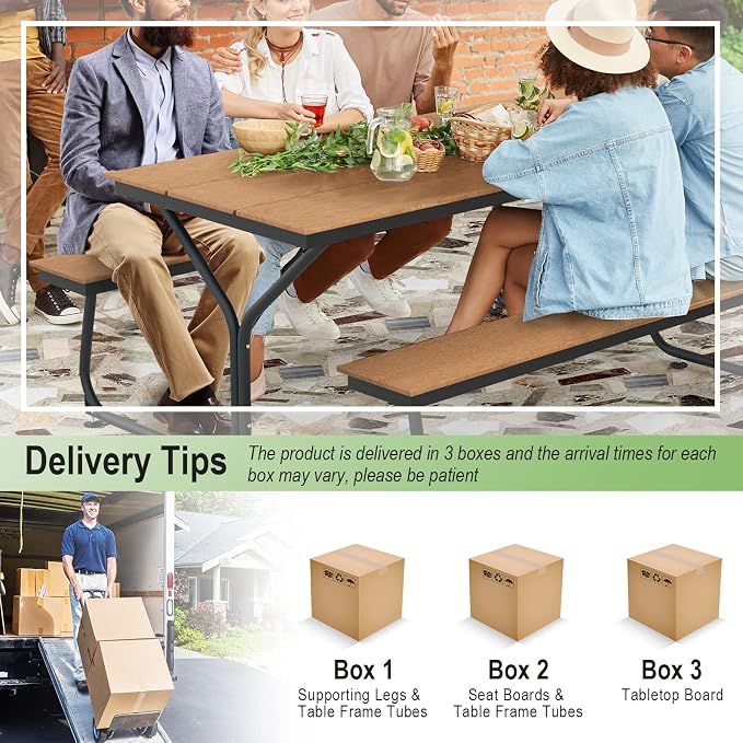 Tangkula 6 Ft HDPE Picnic Table, Plastic Picnic Table with 2 Benches, Umbrella Hole, Heavy-Duty Metal Frame, 8 Adjustable Foot Pads, 6-8 Person Outside Table Bench Set, 2550 lbs Capacity