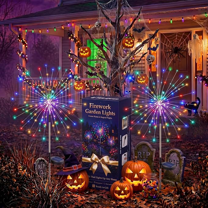 Solar Firework Lights Outdoor 4 Pack, 120LED Solar Starburst Garden Lights with 8 Modes, Waterproof Decorative Sparkle Light for Backyard, Garden, Patio Lawn Landscape & Halloween Decor