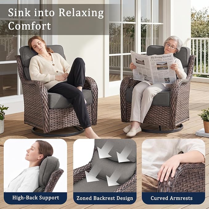 Luxury 6" Thick Cushion 9 Pieces Wicker Patio Furniture Set with High Back Swivel Rocker Chairs, Outdoor Conversation Set with Patio Couch for Deck Porch Yard and Poolside