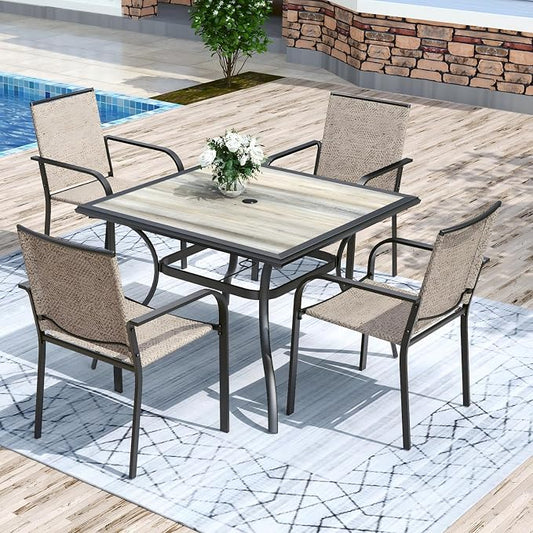 Anmutig 5-Piece Outdoor Patio Dining Set 37 Inch Square Wooden-Like PVC Table with 4 Stackable Chairs for Garden Backyard White