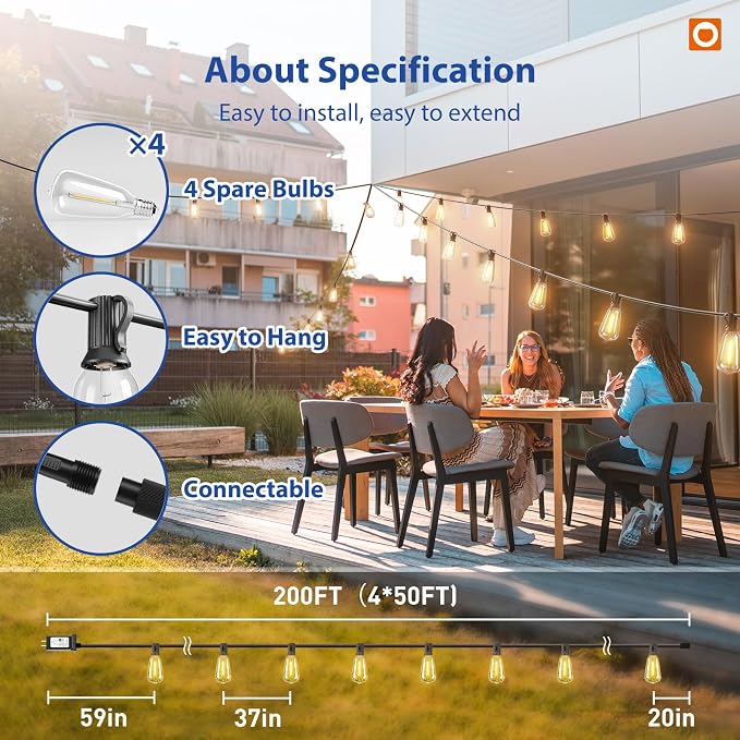 addlon 200FT(50FT*4) Outdoor String Lights ST38 LED with Remote Waterproof | Dimmable Shatterproof Replaceable Bulbs, Connectable Hanging Strand for Porch Backyard Patio Garden Deck Outside, Timer