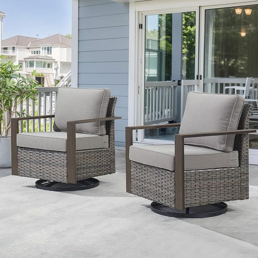 Belord Outdoor Swivel Rocker Chairs with Metal Wide Armrests, Patio Wicker Swivel Chairs Set of 2, Patio Furniture Set with Swivel Glider Chairs for Porch Deck Sunroom Backyard