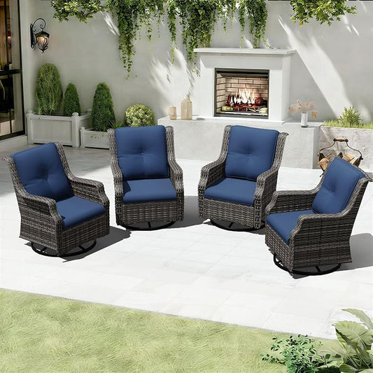 Outdoor Patio Furniture Set, 4 Piece Wicker Patio Furniture with Thick Cushions, Curved Armrest, Deep Seating, Outdoor Swivel Rocker Chairs for Porch, Deck, Balcony