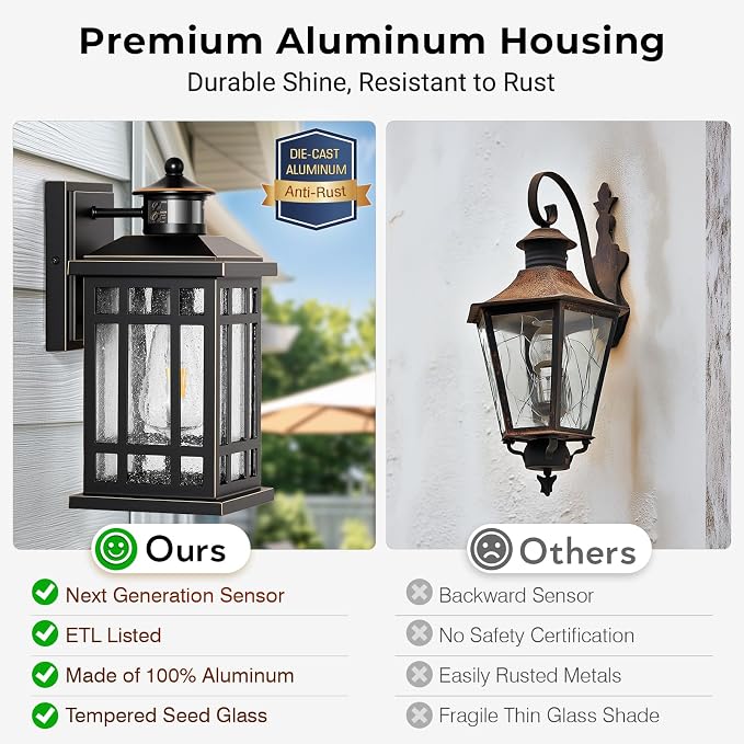 Motion Sensor Outdoor Lights, Black Dusk to Dawn Outdoor Lighting with Tempered Glass, Aluminum Waterproof Anti-Rust Outside Wall Light Fixtures, Adjustable Sensitivity & Brightness, Hardwired