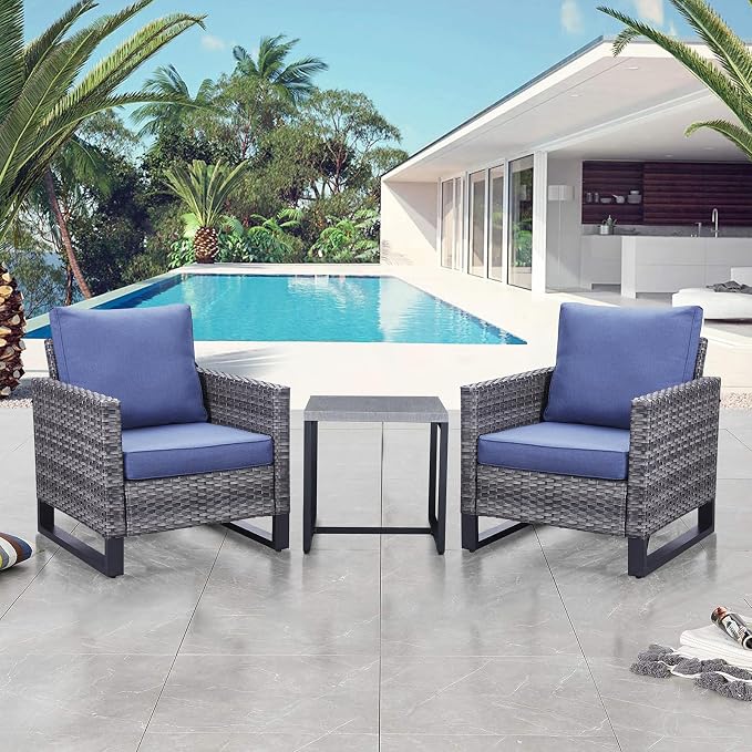 Belord Outdoor Bistro Set 3 Piece Outdoor Wicker Patio Chairs, Oversize Outdoor Rattan Seating Set, All-Weather Chairs Wicker Furniture with Metal Side Table and Water-Resistant Cushion for Outside