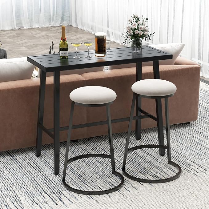 HAPPYGRILL Outdoor Bar Table Metal Frame Rectangle Dining Table Accommodates 4-6 People, Outdoor Bistro Table Patio Pub Table with Foot Pedal, Adjustable Foot Pads for Backyard, Porch, Deck