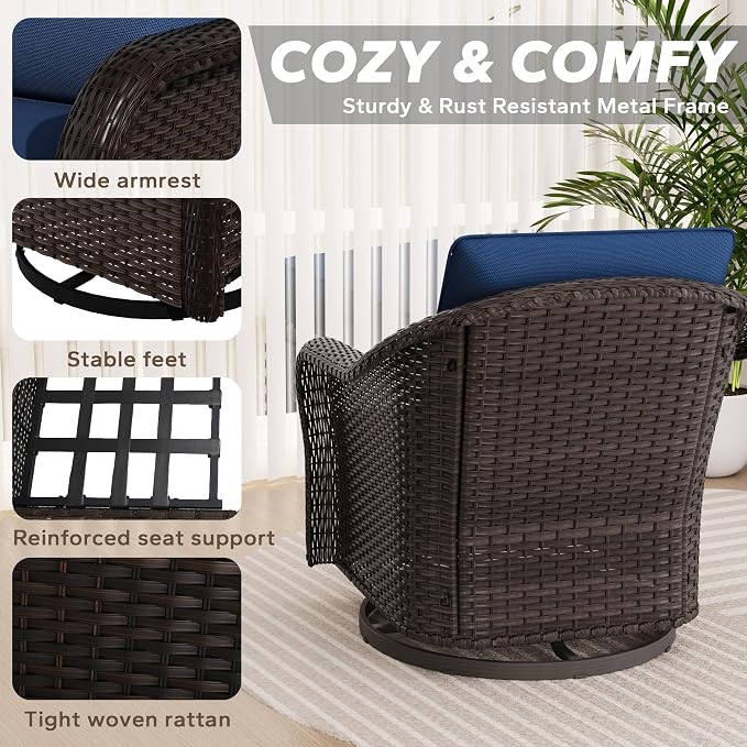5 PCS Outdoor Conversation Set | 55" Couch, 4 Swivel Chairs, Patio Wicker Conversation Furniture with Removable Cushions for Bistro, Deck, Sunroom (Navy Blue)