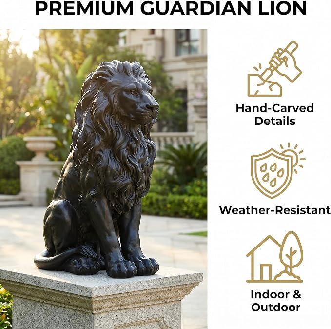 20.5" Black Lion Statue, Resin Outdoor Guardian Sculpture | Weather-Resistant Finish, Simulated Animal Decor, For Villa Garden Park Resort, Home Courtyard