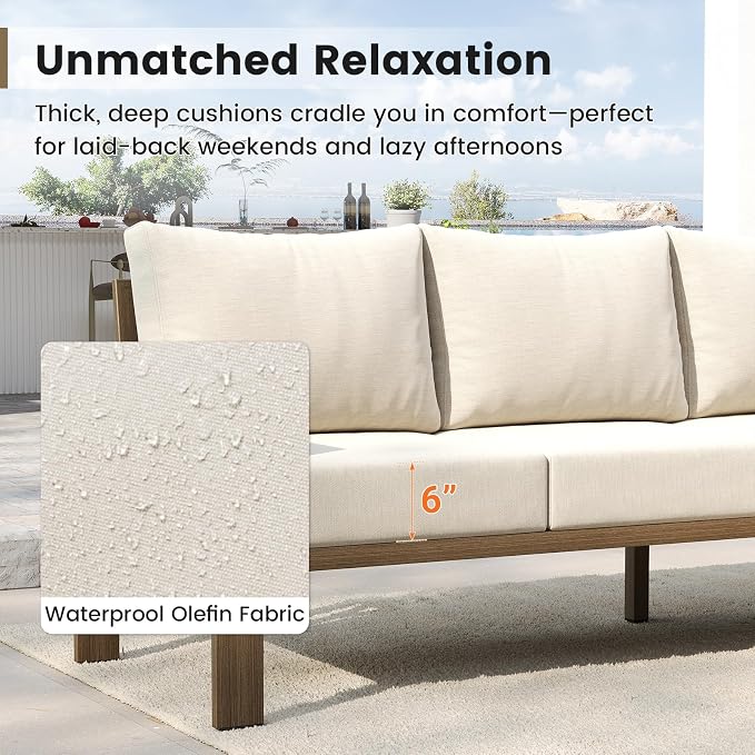 UDPATIO 6 Piece Patio Furniture Set, Metal Outdoor Sectional Sofa with 6" Thick Olefin Cushions, Wide Armrest & Coffee Table, L Shaped Outdoor Furniture for Garden, Backyard, Faux Wood Grain & Beige