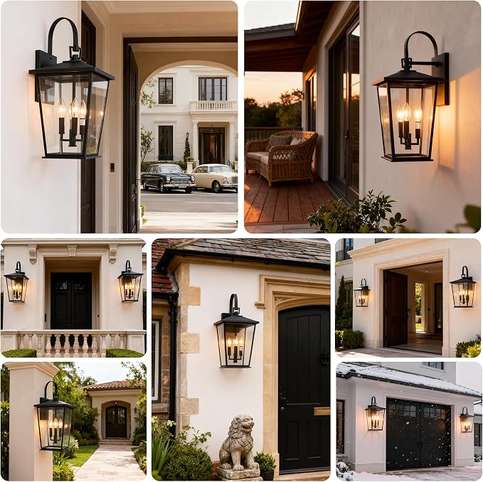 Modern Outdoor Wall Sconce Fixture 20 1/2", Matte Black, 3-Light Exterior Wall Mount Lighting with Clear Glass Panels for House Porch Patio Outside Deck Garage Yard Front Door Garden Home