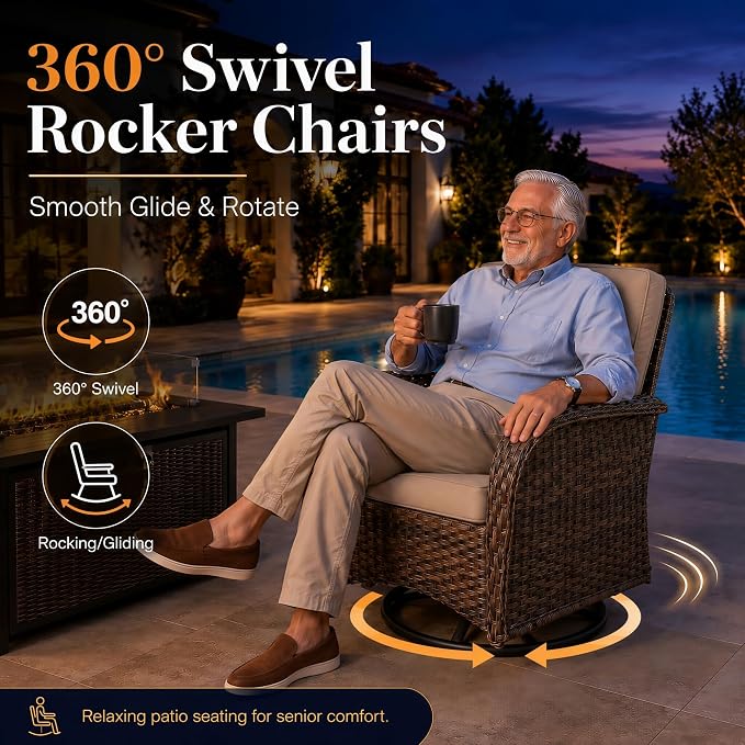 HUMMUH 5-Piece Patio Furniture Set, Fire Pit and Swivel Rocker Chairs | 50000 btu auto-ignition fire pit, 360 degree swivel gliding mechanism, 4 inch thick sponge cushions