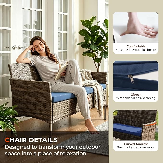 4 Pieces Outdoor Patio Furniture Set, Wicker Patio Conversation Set with Tea Table, All-Weather Outside Rattan Sectional Sofa for Backyard, Poolside, Garden, Balcony, Brown/Navy