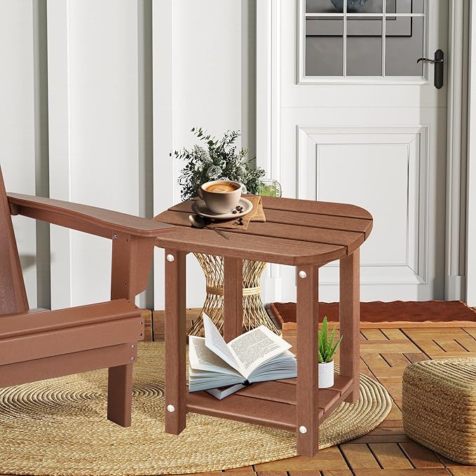 LZRS Patio End Table, Heavy Duty HDPE Outdoor Coffee Table with Wood Texture, Weatherproof Composite Table for Adirondack Chairs, Deck, Pool, Indoor/Outdoor, No Peeling Cracking(Brown)