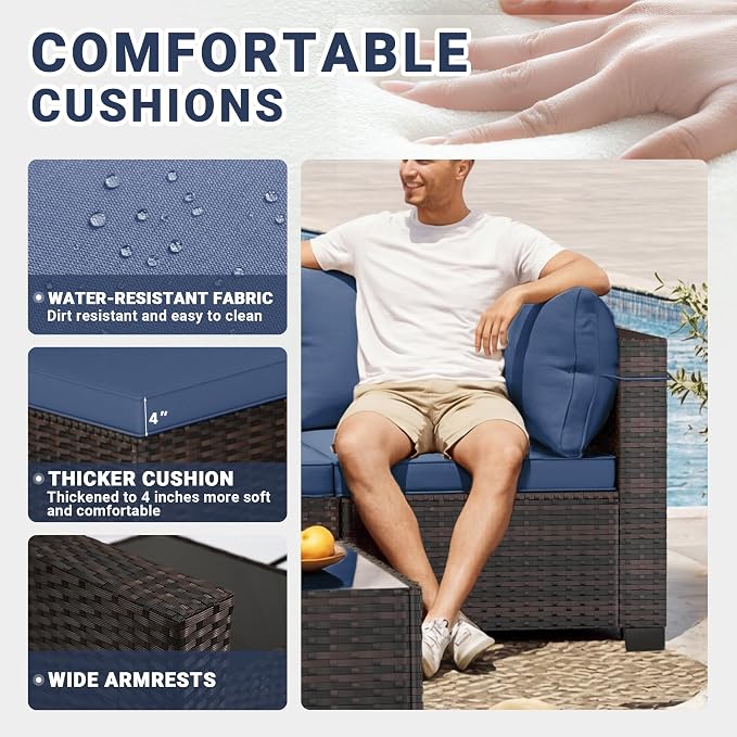 LEVELEVE 7-Piece Outdoor Patio Furniture Sets, Manual Weaving Rattan Conversation Sectional Sofa with Tempered Glass Coffee Table, All-Weather PE Wicker & Thick Cushions for Garden, Backyard, Porch