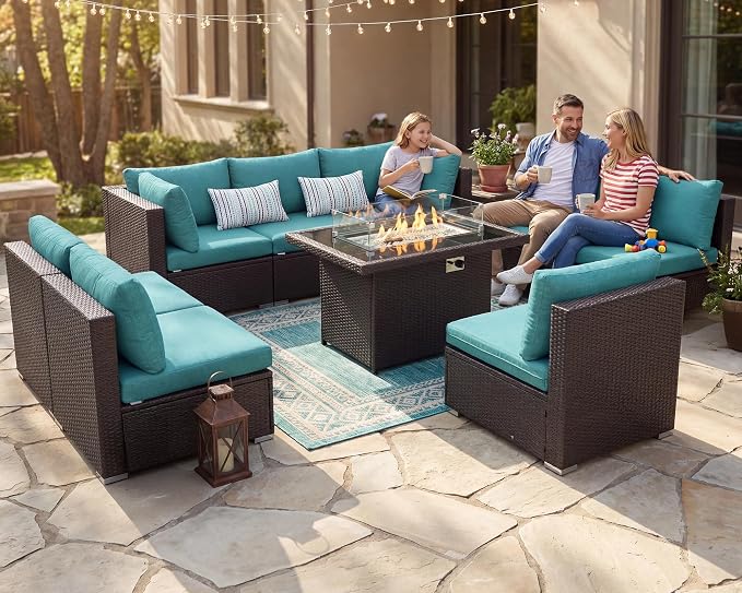 NICESOUL 9 Piece Patio Sectional Set with Firepit Natural Gas/Propane, 29.3'' High Back Tall Big Outdoor Conversation Couch Sets, Wide Sitting Furniture for Outside, Brown Rattan and Teal Cushion