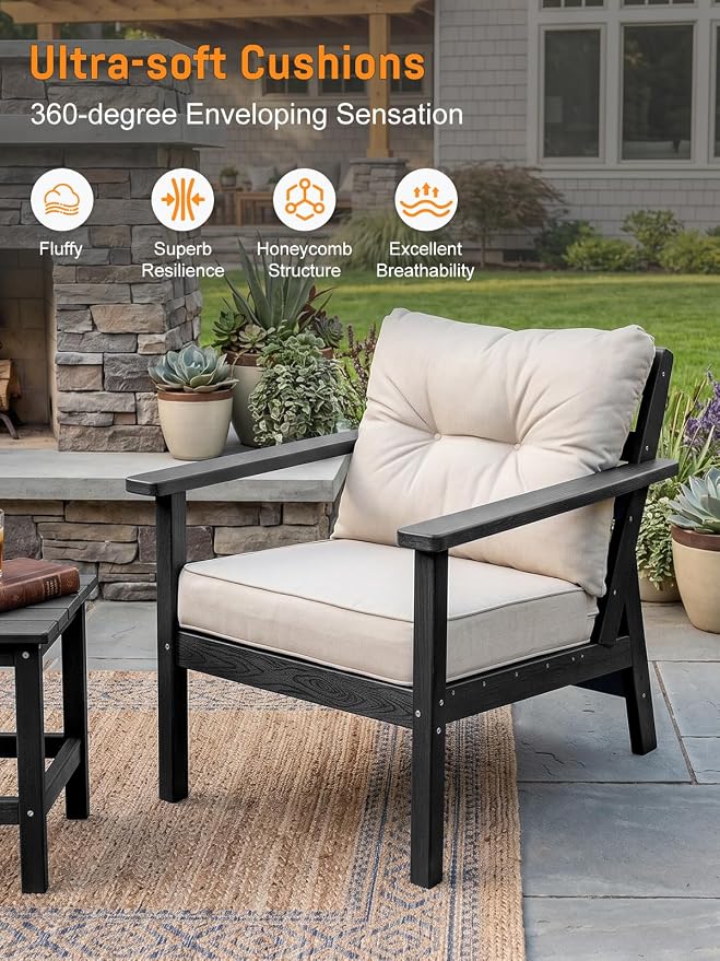 3 Seat HDPE Patio Sofa, Outdoor Couch with Thick Cushions, Patio Furniture | Water-Resistant Thick Cushion, HDPE All Weather, Wood-Grain, No Rot or Rust or Crack, UV Fade Shield, Easy-Clean for Outside