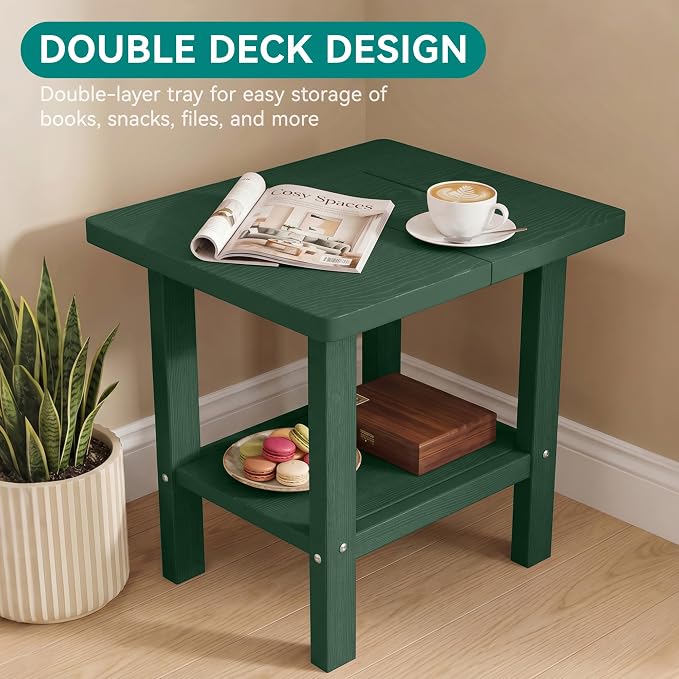 PLUUV Outdoor Side Table, 2-Tier Storage Patio Side Table, All Weather HDPE Adirondack End Table Outdoor for Patio, Garden, Balcony & Living Room, Dark Green