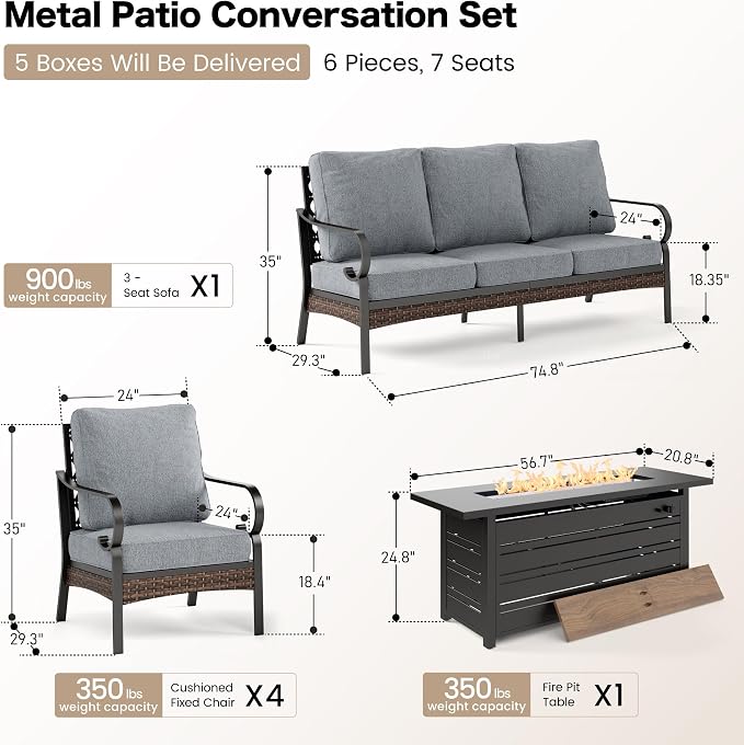 SUNSHINE VALLEY 6 Piece Black Metal Outdoor Patio Furniture Sets with Firepit Table, Patio Conversation Sets 1 3-Seater Sofa, 4 Single Sofa with 5.75" Extra Cushion Backyard Furniture for Deck, Gray