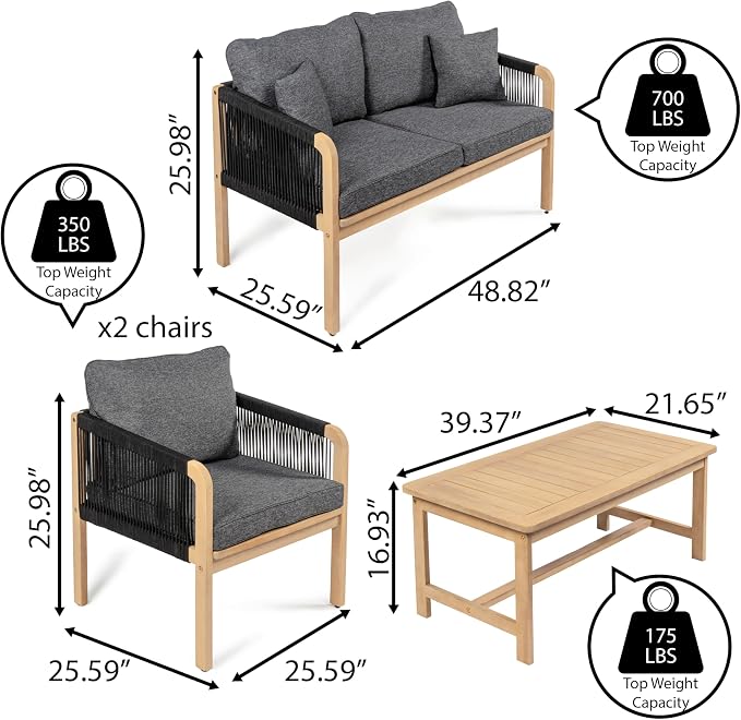 JONATHAN Y Tavira Coastal 4-Piece Acacia Wood Outdoor Patio Set, Black Woven Rope Conversation Furniture with Coffee Table and Removable Dark Gray Cushions for Backyard, Garden, Porch LVG1202B-4SET