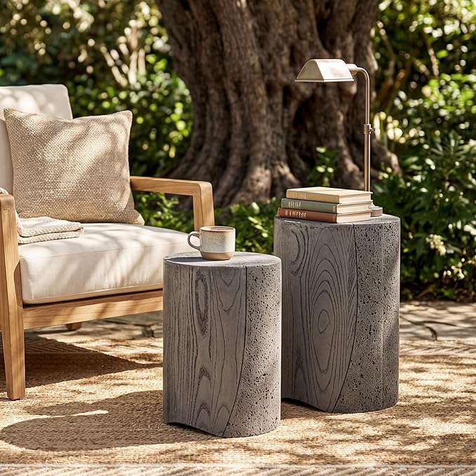 COSIEST MgO Concrete Round Side Table, Outdoor Patio Accent End Table Set of 2, Modern Coffee Table for Garden Balcony Backyard, Gray