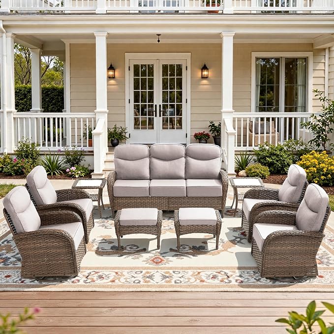 9-Piece Luxury Patio Furniture Set with 6-Inch Thick Cushions, High-Back Outdoor 4 Swivel Rocking Chairs with Wicker Side Table, All-Weather Conversation Set for Porch, Deck, Yard or Poolside – Beige