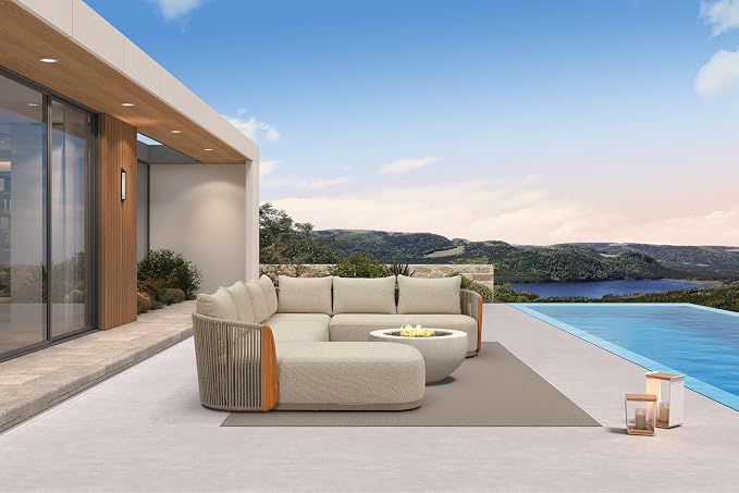 PURPLE LEAF 4-Piece Patio Furniture Set, C-Shaped Modular Outdoor Sectional Sofa with Chaise Lounge, Genuine Teak, Olefin Fabric, 9" Thick Backrest- Patio Conversation Sets