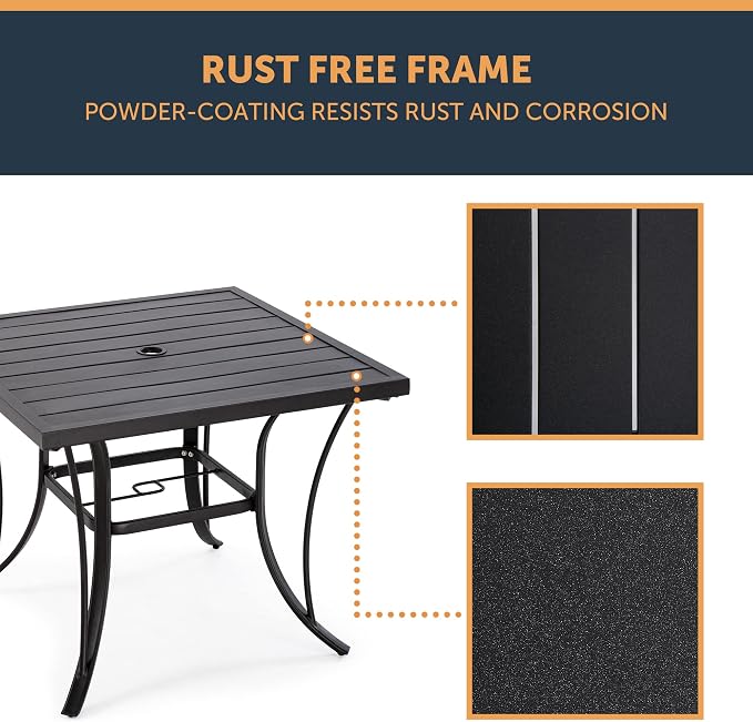 HAPPATIO Patio Dining Table, 4 Person Black Square Patio Backyard Furniture Table，Metal Steel Slat Dining Table with Umbrella Hole Dia 2"（35" x 35" x 28.5"）