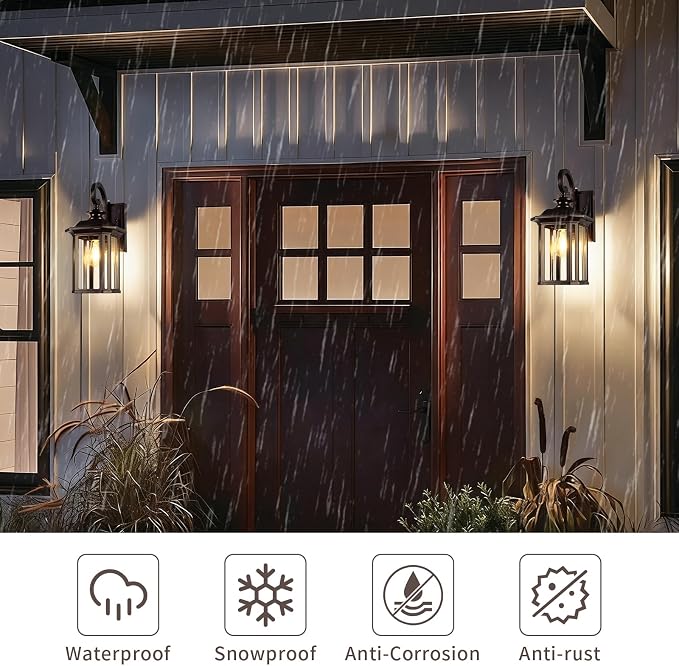 Dusk to Dawn Outdoor Wall Light Fixtures,19'' Outdoor Porch Sconces Lighting , Waterproof Wall Lanterns with E26 Sockets & Glass, Modern Oil Rubbed Bronze Outside Lights for Front Door Entryway Garage