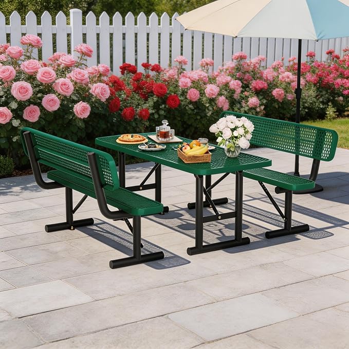 6FT Outdoor Metal Picnic Table with 2 Benches,Heavy Duty Rectangular Picnic Table Set for Outside, Waterproof Commercial Restaurant Table Furniture for Park, Campfield, Patio, Garden, Yard