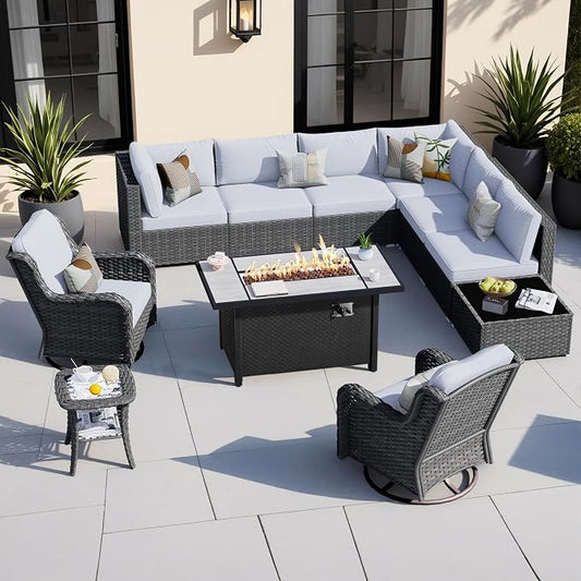 HOOOWOOO Outdoor Patio Furniture with Fire Pit Set 11 Pieces Patio Set with Fire Pit Wicker Outdoor Furniture with Fire Pit Table Set Patio Sectional Set with Swivel Chairs,Gray