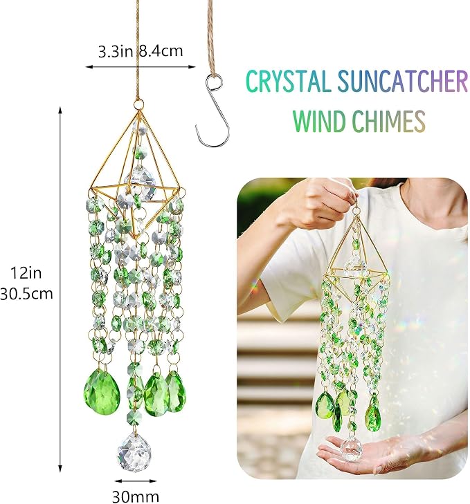 Crystal Suncatcher Glass Wind Chimes Style Sun Catchers Indoor Window | Hand-plated,Rainbow Prisms Suncatcher For Window Hanging,Whimsical Decor Home Garden Birthday Christmas Gift (21.5inch,Green)