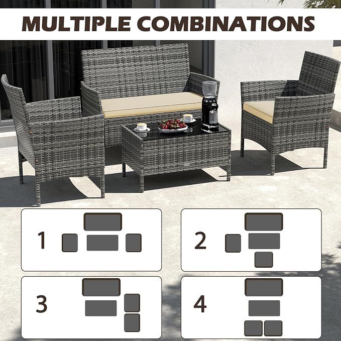 Tangkula 4 Pieces Patio Rattan Conversation Set, Outdoor Wicker Furniture Set with Cushioned Chair, Loveseat & Tempered Glass Table, Outside Sectional Sofa Set for Backyard (G-Beige,1)