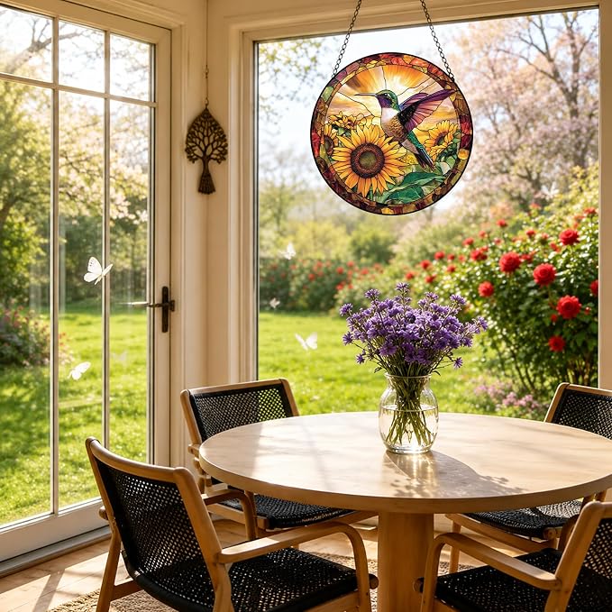 Stained Glass Hummingbird Suncatcher Window Hanging Flowers Gifts for Mom | 6.3in Garden Sun Catcher, Sunflowers Sunrise Ornament for Door Home, Gift for Bird Lovers Grandma & Mother's Day Christmas
