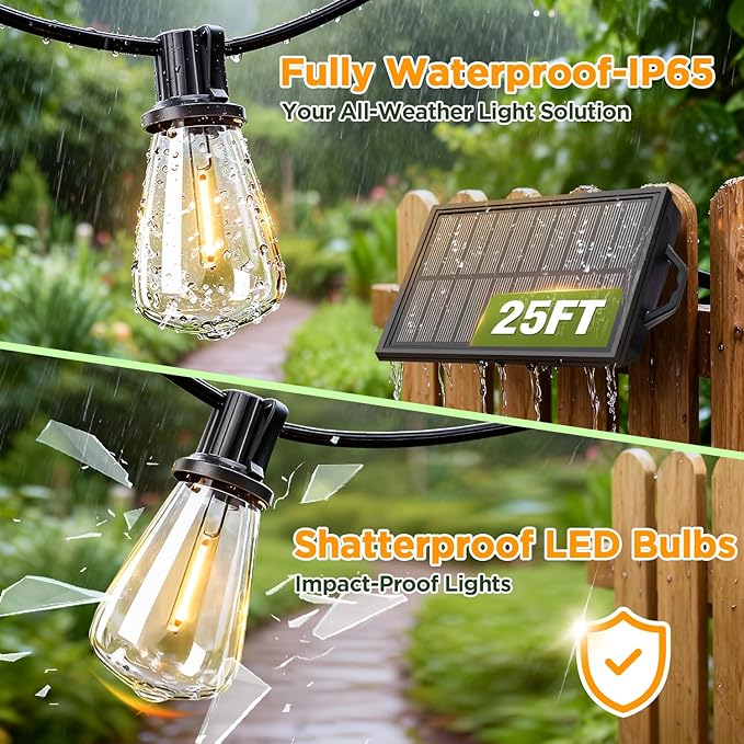 Solar String Lights Outdoor Waterproof with Remote & Timer, LED Shatterproof ST38 Bulbs, USB & Solar Powered Patio Lights for Backyard, Porch, Garden, Wedding, Christmas Decor (25FT)