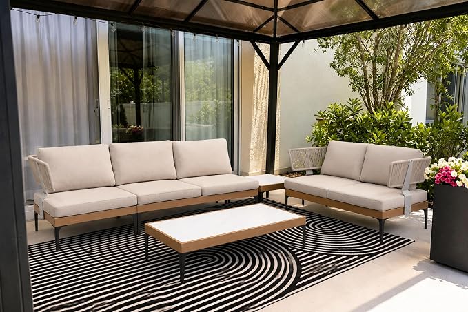 PURPLE LEAF 5 Pieces Patio Conversation Furniture Sets with Loveseat Chairs Tables Modern Wicker Armrest Outdoor Aluminum Sectional Sofa Sets for Balcony Yard Poolside Garden, Cushions Included