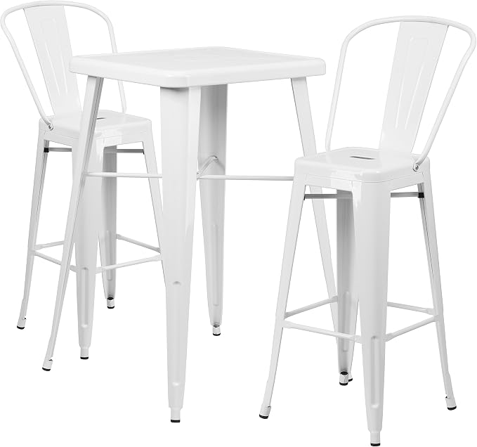 EMMA + OLIVER Commercial Grade 23.75SQ White Metal Indoor-Outdoor Bar Table Set-2 Stools-Backs