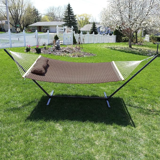 Sunnydaze Quilted Designs Hammock with Stand 2 Person Heavy Duty - Double Hammock with 12 Foot Steel Stand for Backyard & Patio - 350 Pound Weight Capacity - Brown
