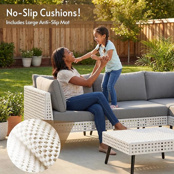 8 Piece Patio Furniture Sets, Modular Patio Sectional Conversation Sets with Upgraded Cationic Fabric Cushions & Outdoor All-Weather Handwoven Open Weave Wicker for Garden, Poolside, Backyard