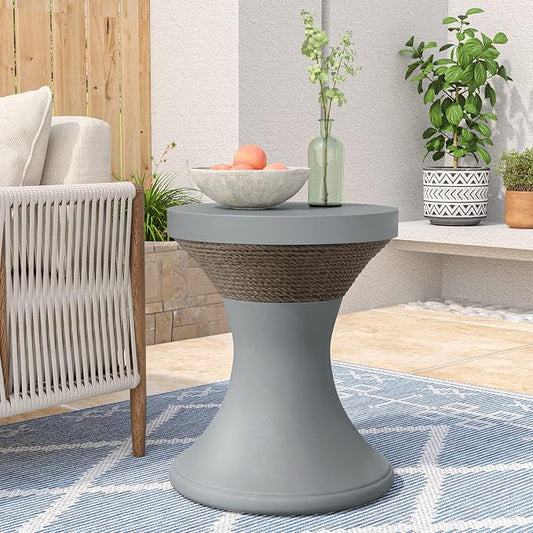 COSIEST Outdoor Side Table, Hourglass Shaped Concrete Accent Side Table w Hemp Rope Decor, 17.7''Patio End Table, Vintage Patio Stand for Garden, Grey