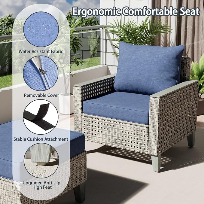 Outdoor Patio Furniture Set with Fire Pit Table 15-Piece Modular Wicker Sectional Sofa with Ottomans and Thick Cushions, Modern Rattan Outdoor Conversation Couch, Navy