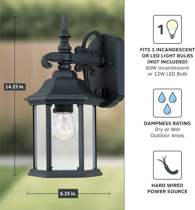 DESIGNERS FOUNTAIN Devonshire Outdoor Light Fixture, 14 Inch Exterior Wall Lantern Sconce for Front Door, Patio and Porch, Black, 2961-BK