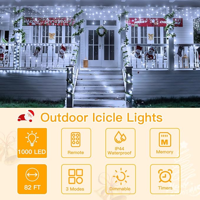 Ollny Icicle Lights for Outside 1000LED 82FT, Cool White Christmas Light with Remote 8Modes Timers Waterproof Dimmable, Plug in Hanging Lights for Outdoor Indoor House Roof Holiday