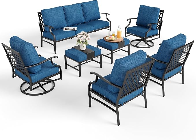 MIXPATIO Patio Furniture Set 7 pcs, Outdoor Patio Furniture, 3-Seat Sofa, 2 Swivel Chairs, 2 Single Chairs, 2 Ottomans and 5.75" Extra Thick Cushion, Conversation Set for Deck,Gemstone Blue