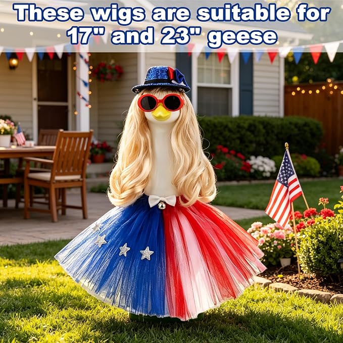 Porch Goose 4th of July Outfits 4 Pieces 4th of July Porch Goose Outfits with 1 Blonde Long Wigs Outdoor Decor for Lawn Goose Statues