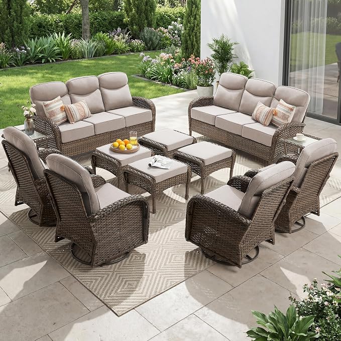Outdoor Swivel Rocking Chair Patio Set (12pcs) High-Back - Thick Cushion Swivel Rocking Chair Patio with Sofa Set, All-Weather Wicker Patio Furniture Set, Suitable for Balcony Patios, Brown/Beige
